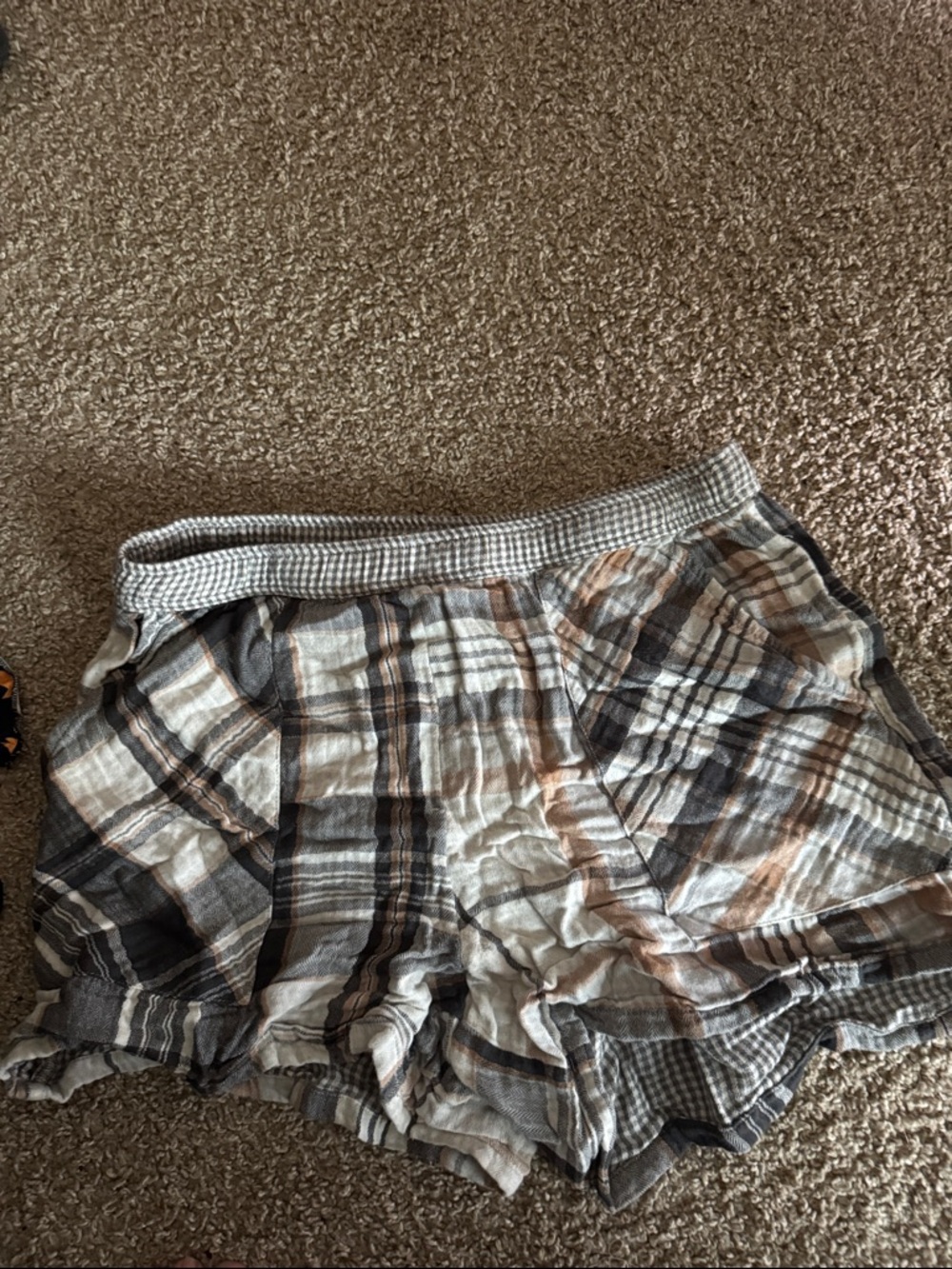 aerie Plaid Ruffle Sleep Shorts in Cream, Brown & Gray